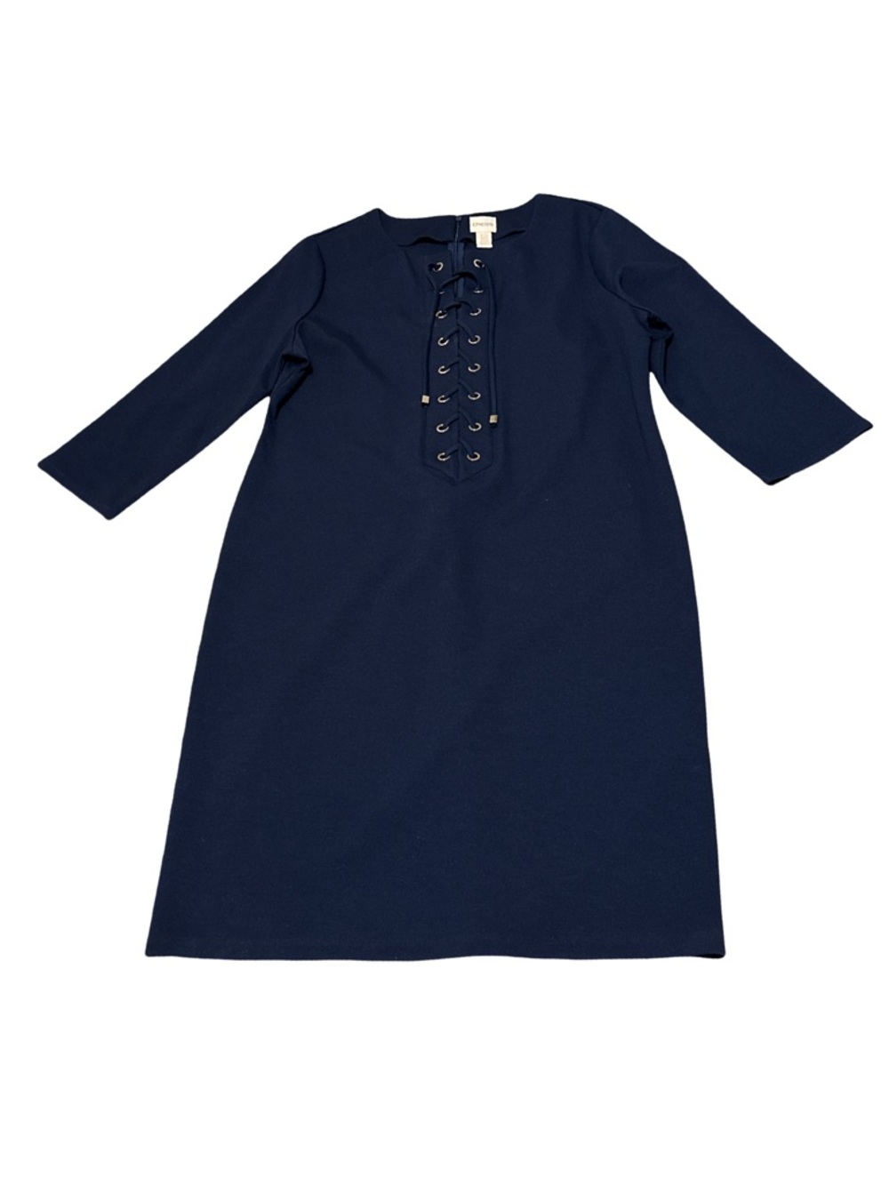 Chico’s Lace-Up Front Navy Shift Dress Size 1.5 3/4 Sleeve Classic Chic